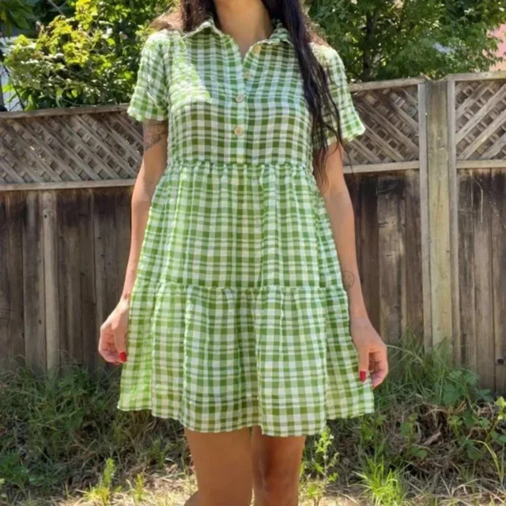 Urban Outfitters UO Chapin Tiered Cottagecore Gingham Dress Green White Medium